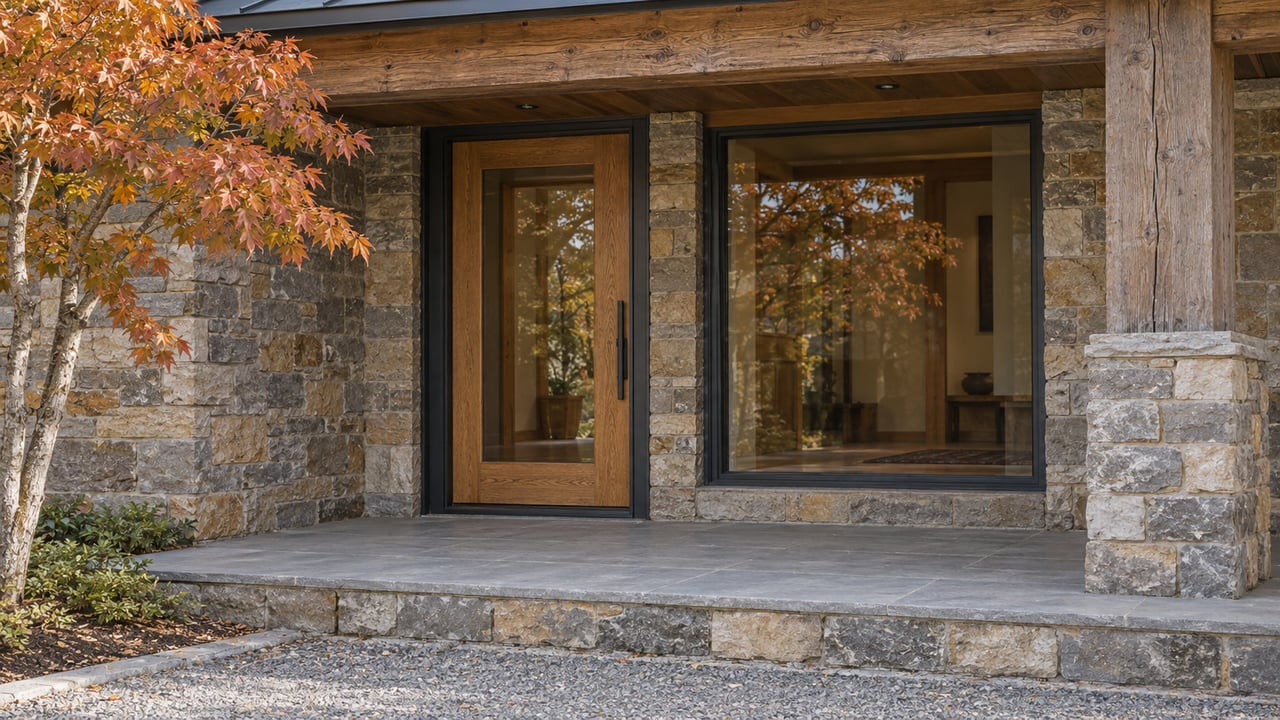 Covered home entrance with weathered timber, buff-gray stone, glazed oak door and copper-orange maple leaves beside a limestone step.