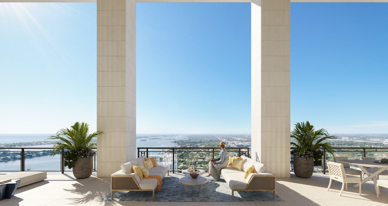 South Flagler House waterfront loggia rendering in West Palm Beach.