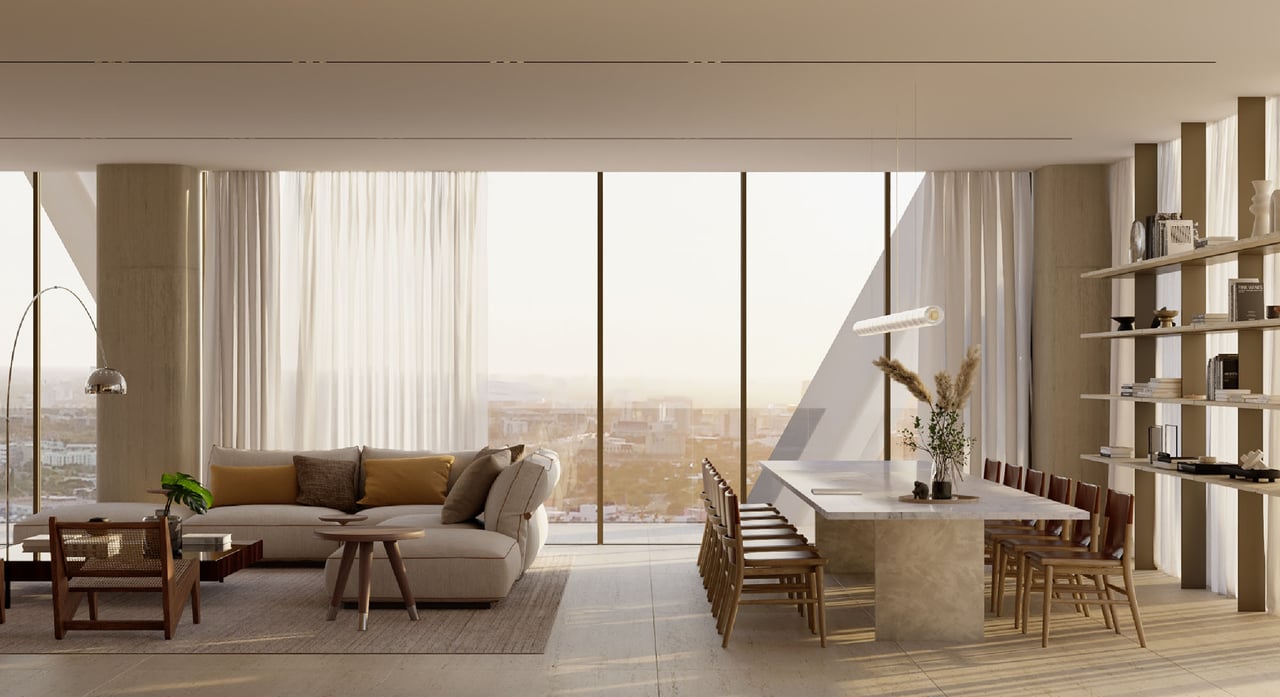 Open-plan condo living and dining room with floor-to-ceiling windows and a warm city view.
