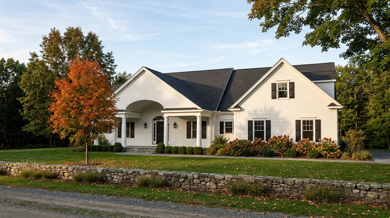 White farmhouse with an arched portico, orange-red maple, and lichen-covered fieldstone wall beside a broad lawn.