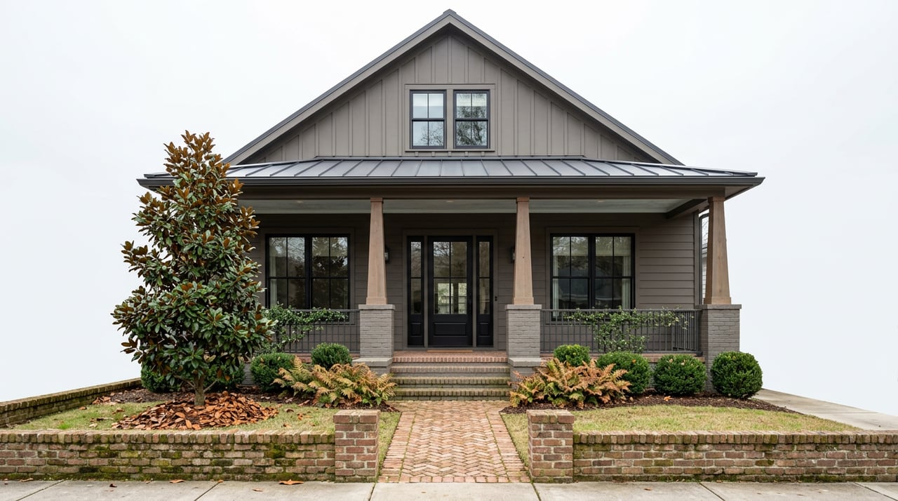 Charcoal-sided infill home with a dark metal roof, covered porch, magnolia, brick walkway, and low garden wall.