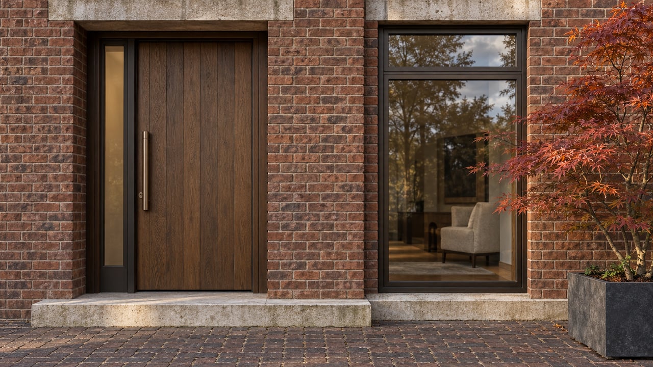 Brick residential entrance with a smoked-oak door, limestone step, bronze-framed window and copper-red Japanese maple.