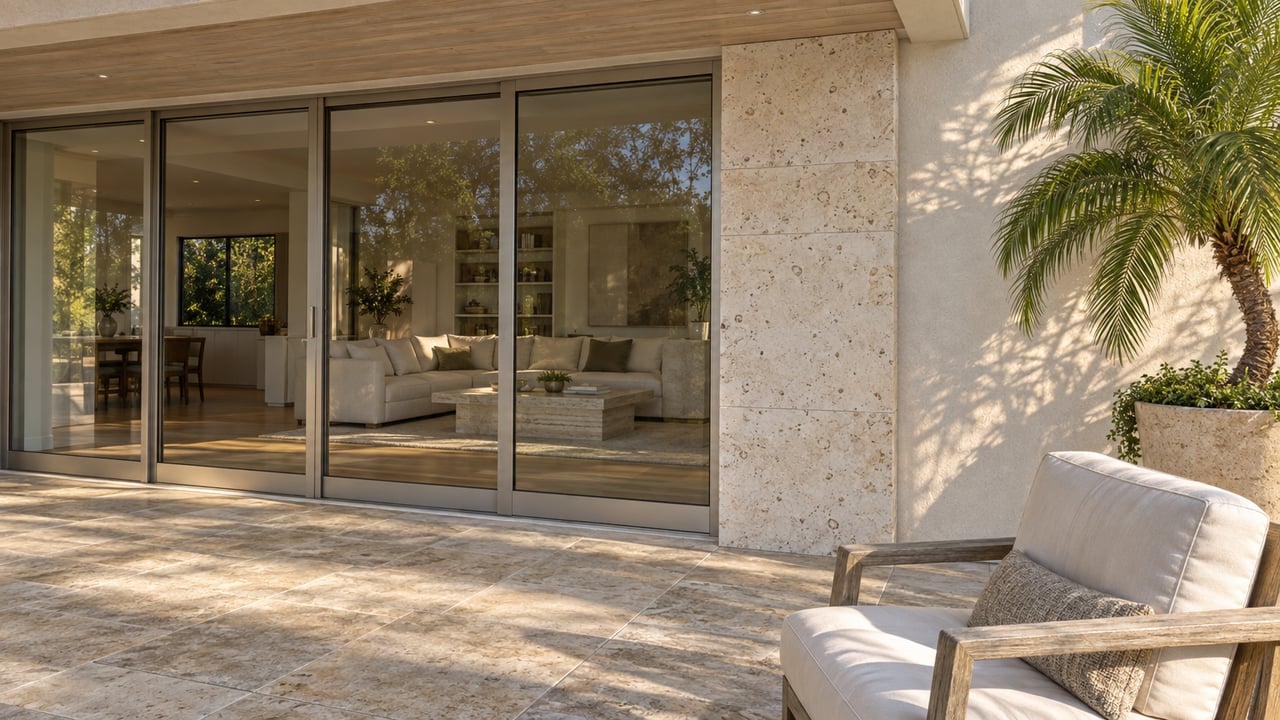 Warm afternoon light on a limestone terrace, teak lounge chair and glazed living-room doors beneath a pale timber soffit.