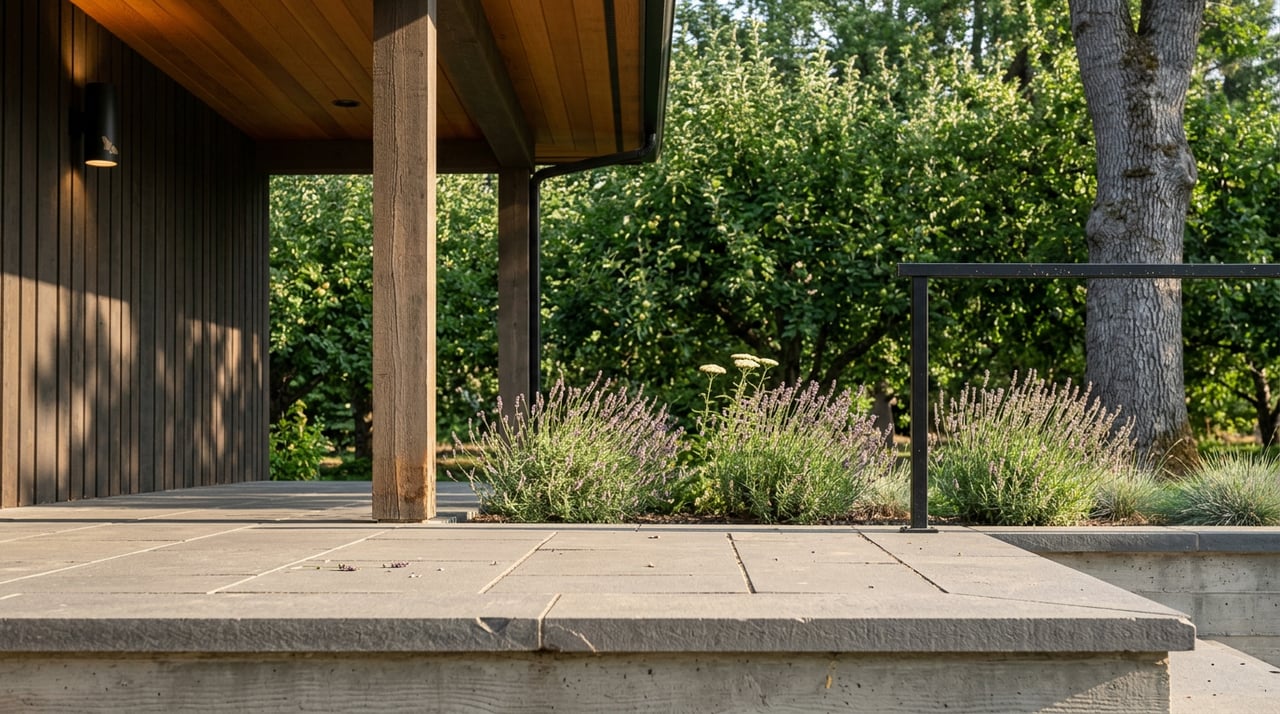 Covered cedar porch opens onto a basalt landing, lavender and yarrow beneath an apple canopy.