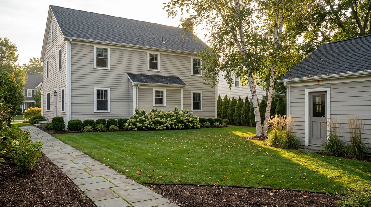 A greige Colonial house and matching detached outbuilding stand across a broad lawn, with a birch tree nearby.