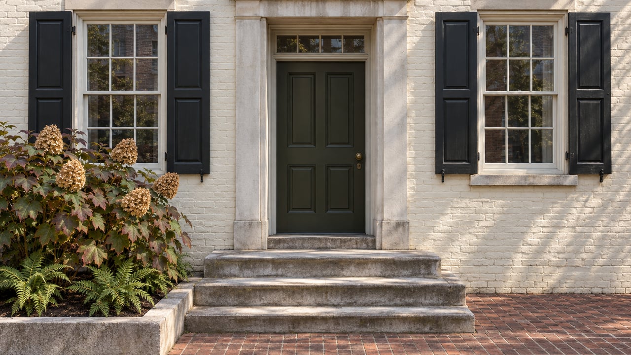 Ivory painted-brick residence with black shutters, a dark olive door, worn limestone steps, and autumn oakleaf hydrangea.