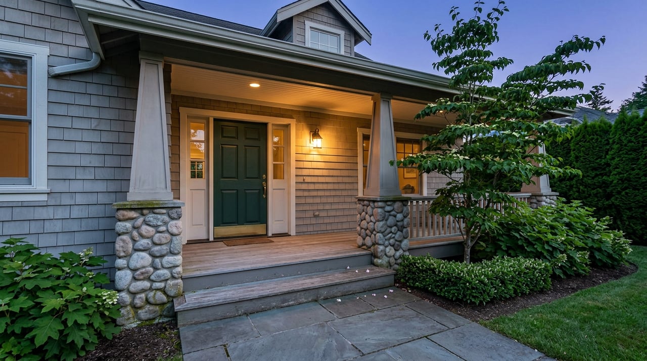 Covered entry porch with a glowing bronze sconce, paneled green door, stone column bases, and dusk sky.