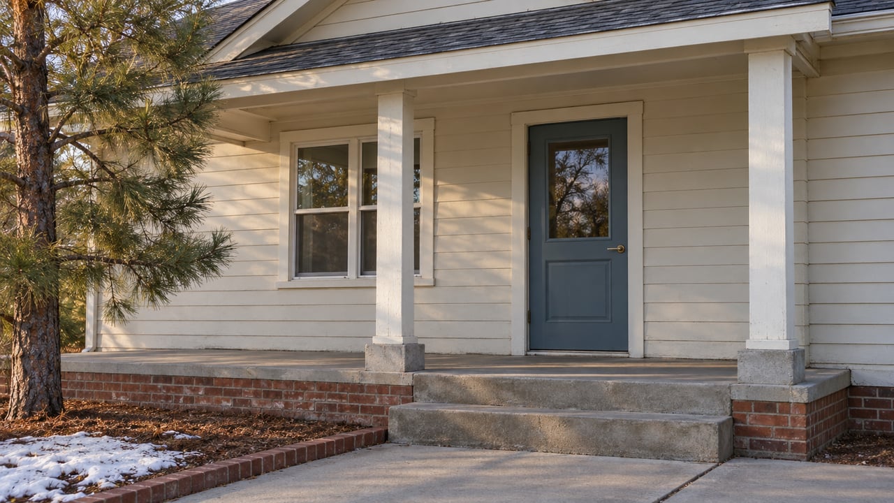Winter afternoon light on a cream-sided home's covered entry, blue door, brick foundation and concrete steps beside a young ponderosa pine.