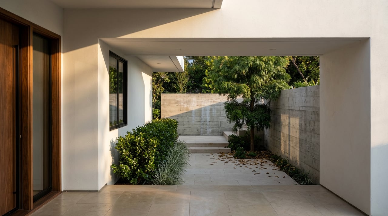Limestone path rises between glossy hedges and silver-green plants toward a textured concrete wall and layered tree.