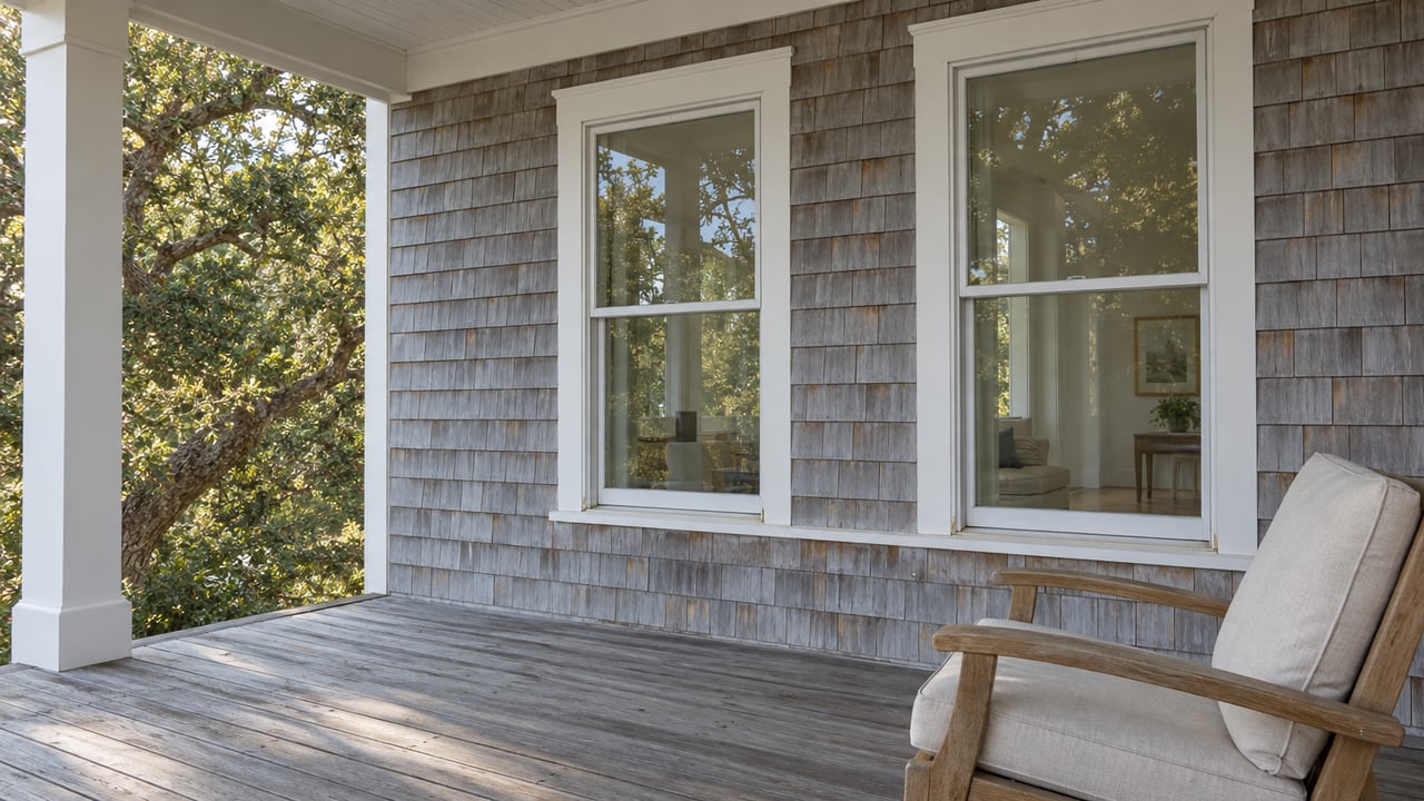 Weathered cedar shingles, white-framed closed windows and a teak chair on a shaded timber porch beside a spreading live oak.