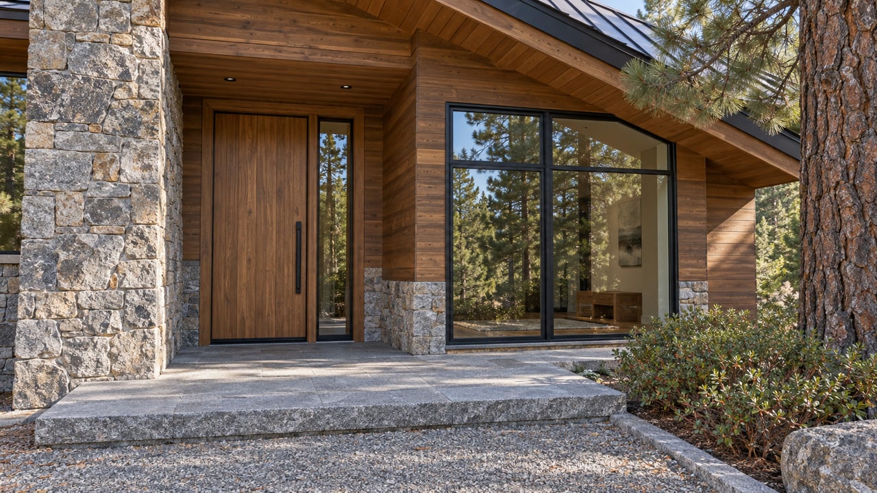 Cedar and granite home entry with a glazed window, broad stone landing and mature pine beside the roof.