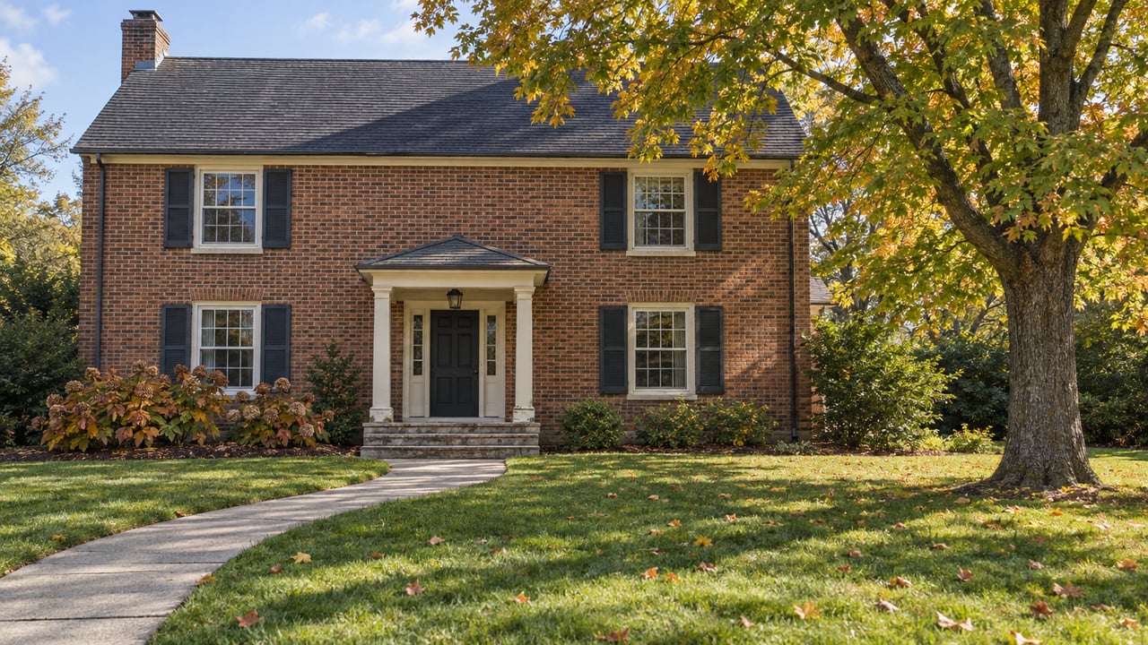 Brick colonial behind a broad autumn lawn, with a curved concrete walk, limestone entry steps and a mature sugar maple.