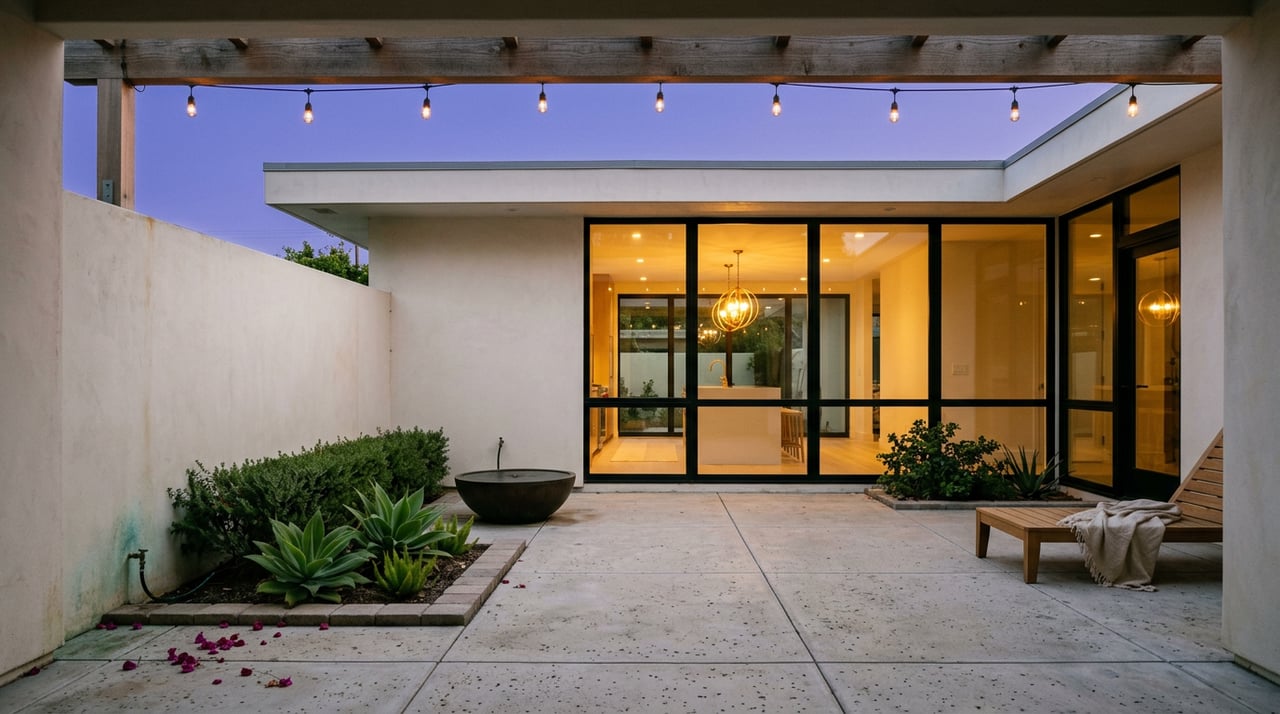 Courtyard at dusk with warm light glowing through glass doors, agaves, and a pergola strung with pendant bulbs.
