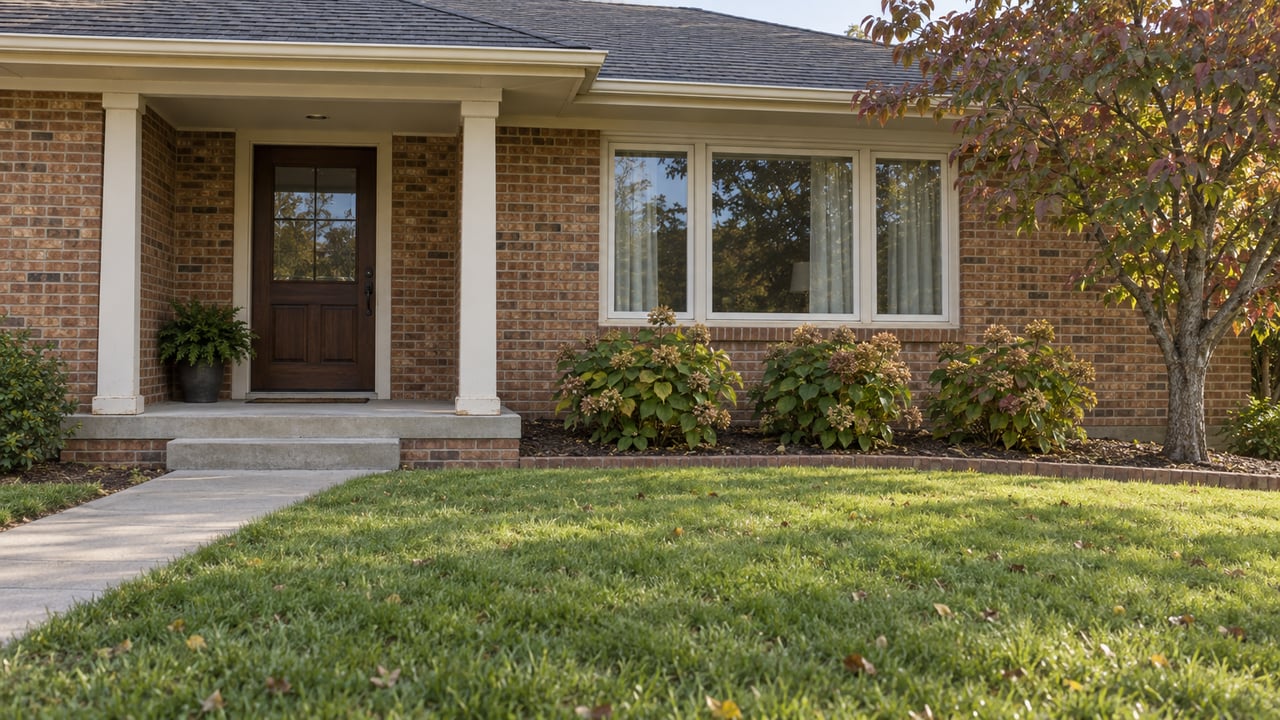Brick home with a covered entry, front lawn, and autumn foliage.