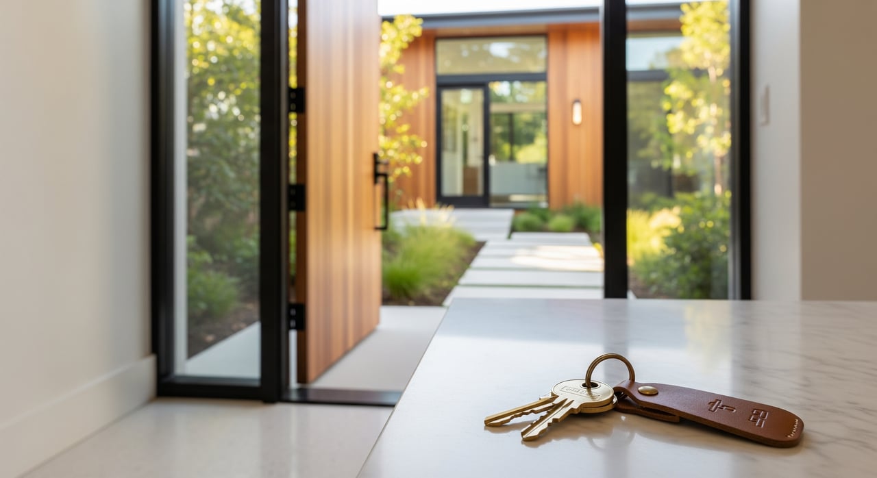 Keys on a white counter beside an open wood-and-glass door overlooking a modern courtyard.