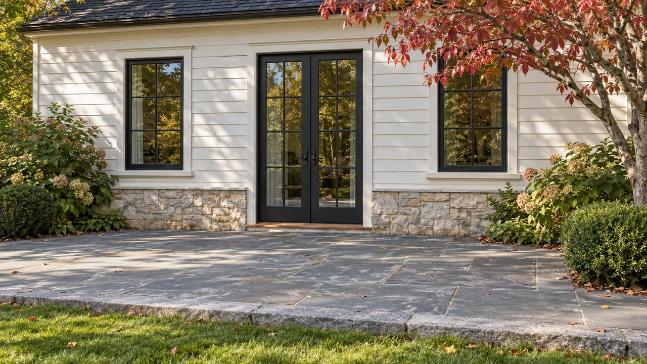 Garden-facing home with French doors, flanking casement windows, bluestone terrace, and a red-leaved dogwood.