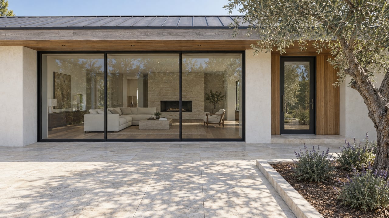 Single-level home with white stucco, timber eaves and black-framed glass overlooking a limestone terrace beside an olive tree.