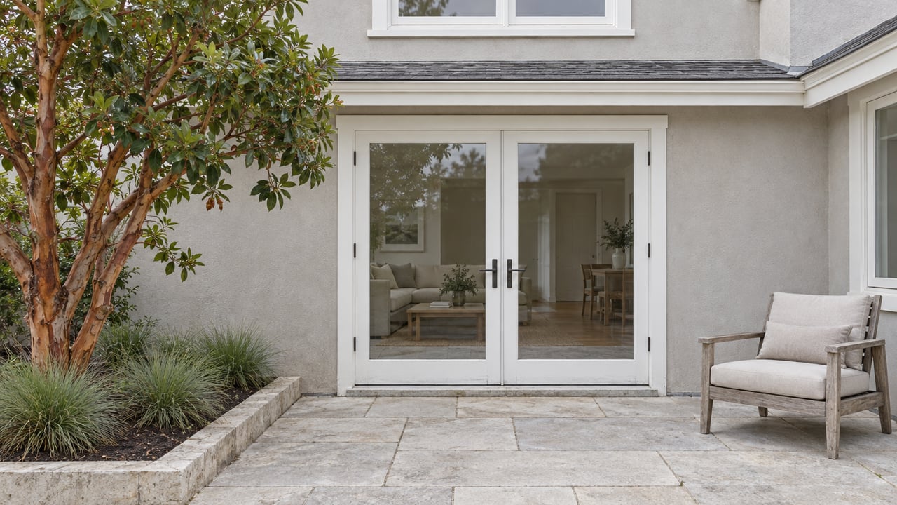 Pale stucco home with closed white-framed glass doors, a limestone terrace, weathered teak chair and a strawberry tree beside the paving.