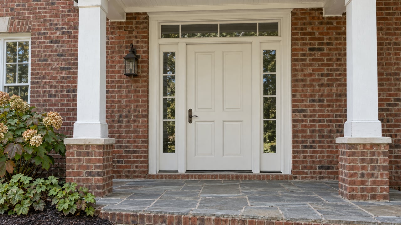 Brick home entrance with white columns, paired sidelights, gray flagstone paving and oakleaf hydrangea beside a raised porch.