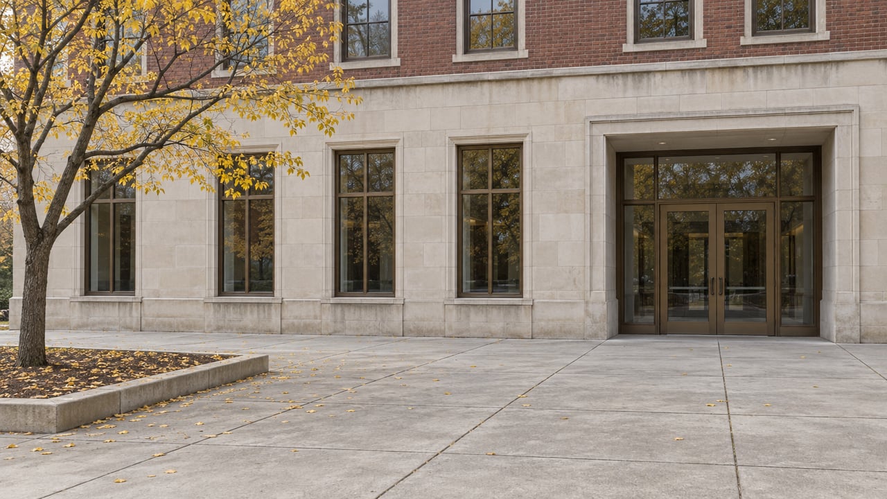 Limestone institutional building with bronze-framed windows, a recessed glass entrance, and a yellow-leaved tree.