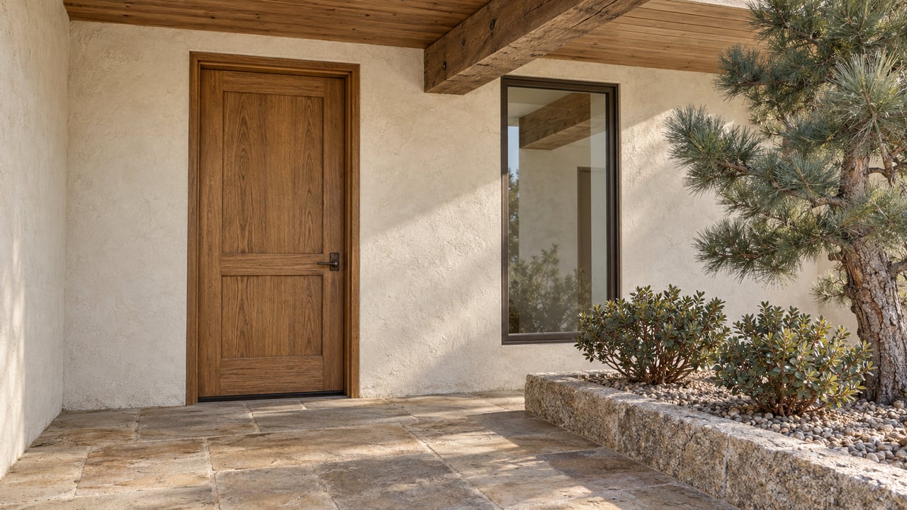 Sunlight across a cream stucco entrance with an oak door, exposed timber, sandstone paving and a granite-bordered pine planting bed.