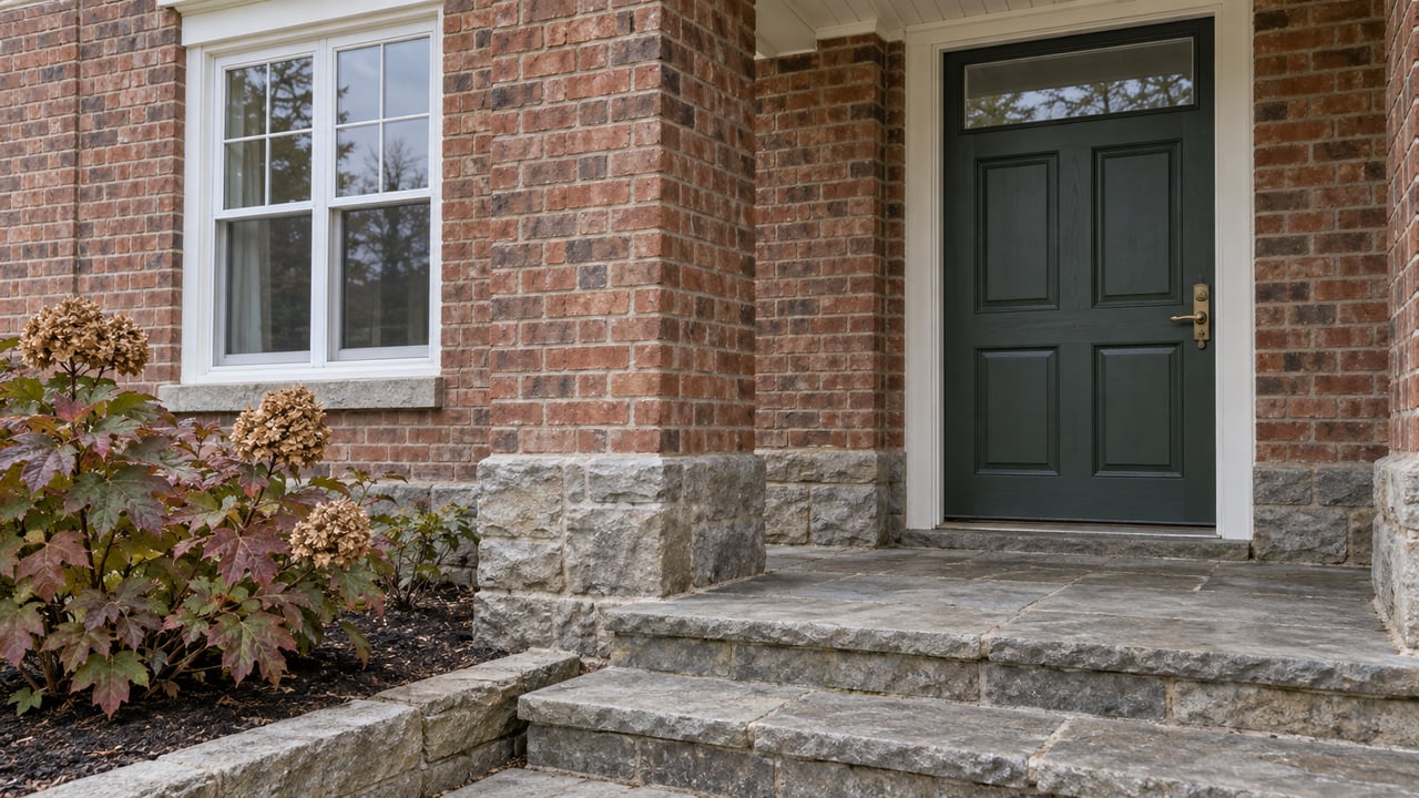 Covered brick home entry with a deep green door, sandstone steps and burgundy oakleaf hydrangea foliage.
