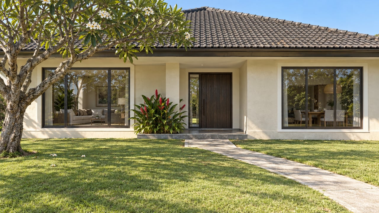 Single-story ivory stucco house with a charcoal tile roof, front lawn, and plumeria tree casting crisp shadows.