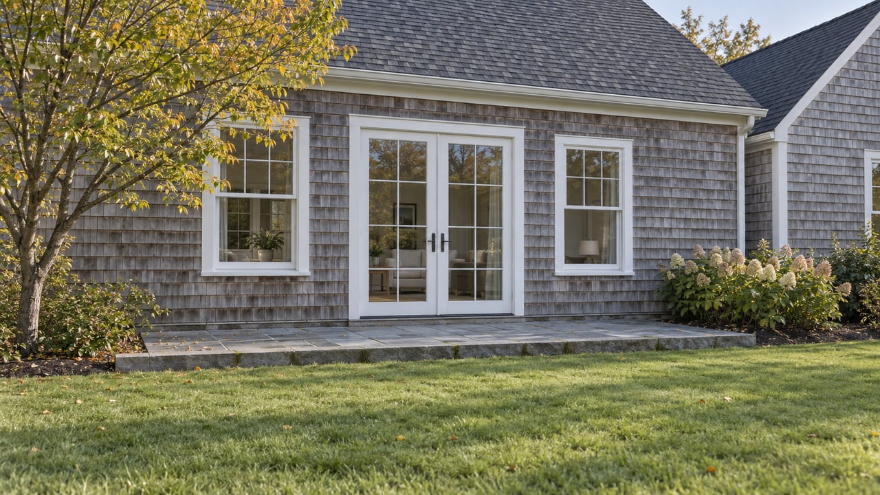 Cedar-shingle house with glazed rear doors, a bluestone terrace, broad lawn, and autumn shrubs.