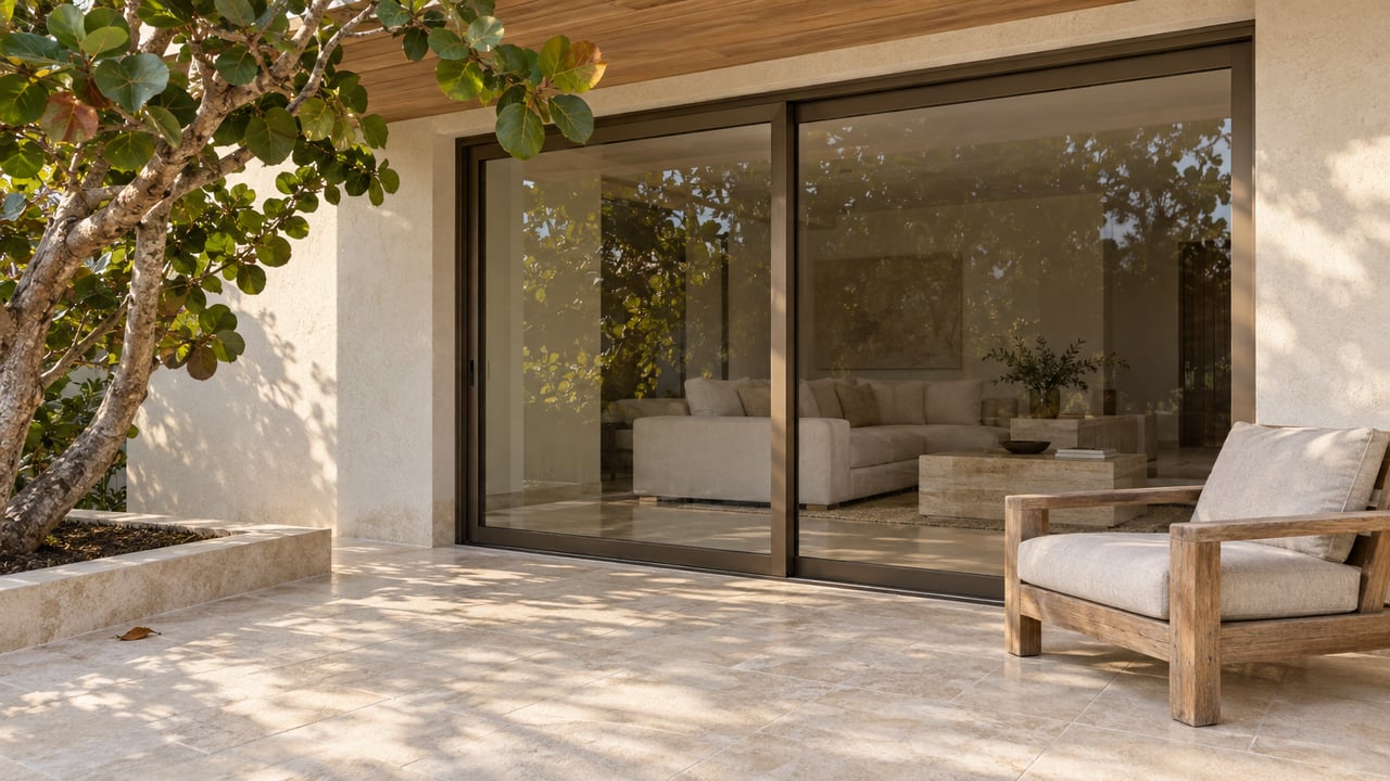 A cream villa terrace with pale limestone paving, closed bronze-framed glass doors, a weathered teak lounge chair, and a mature sea-grape tree.