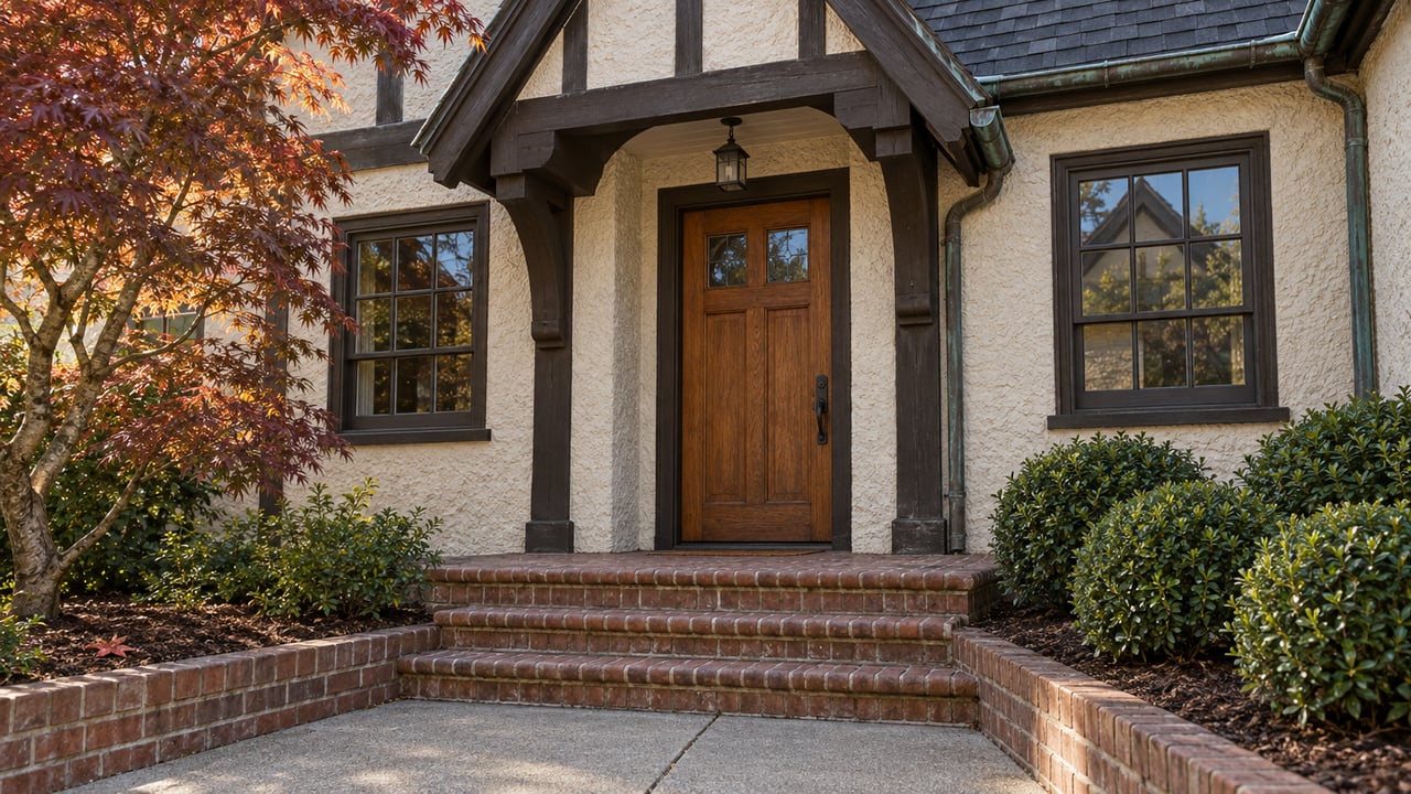 Timber-framed stucco home entrance with a worn oak door, brick steps, divided-pane windows, and a sculptural Japanese maple.