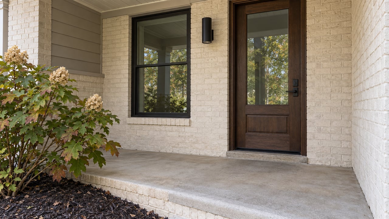 Covered entry of a suburban home with ivory brick, a dark wood glazed door, concrete porch, and oakleaf hydrangea.