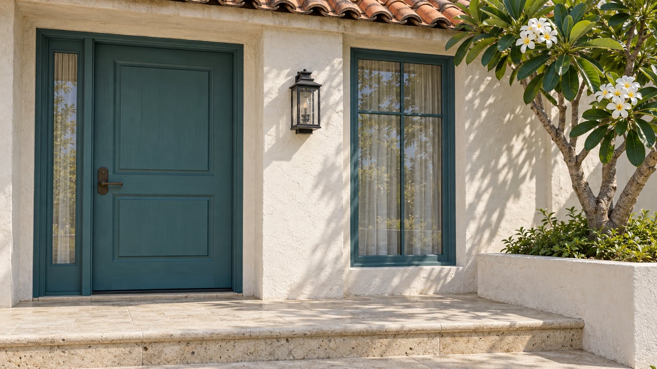 Teal timber entrance and matching window set in sunlit white stucco above a worn limestone step, beside a flowering plumeria.