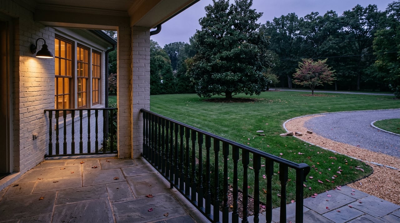 Bluestone porch and iron rail overlook a broad lawn with a magnolia, beneath a dusky tree canopy.