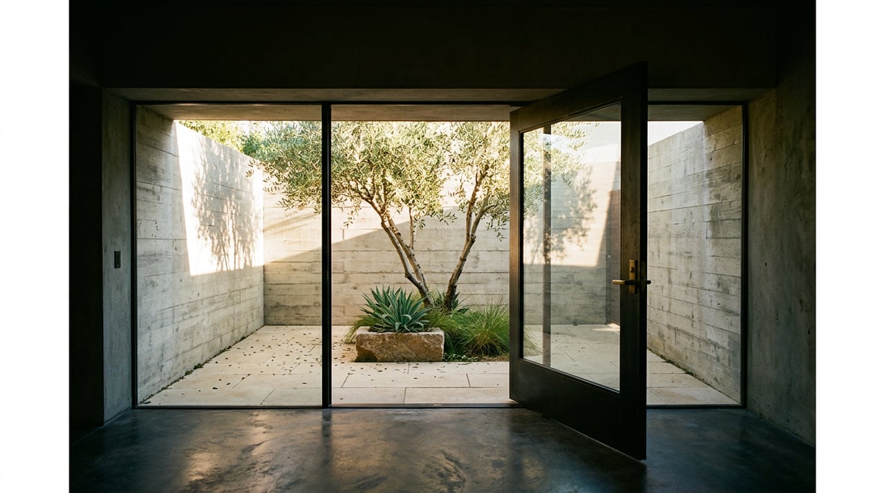 Olive tree and agaves in a limestone-paved courtyard, framed by a steel-and-glass pivot door.