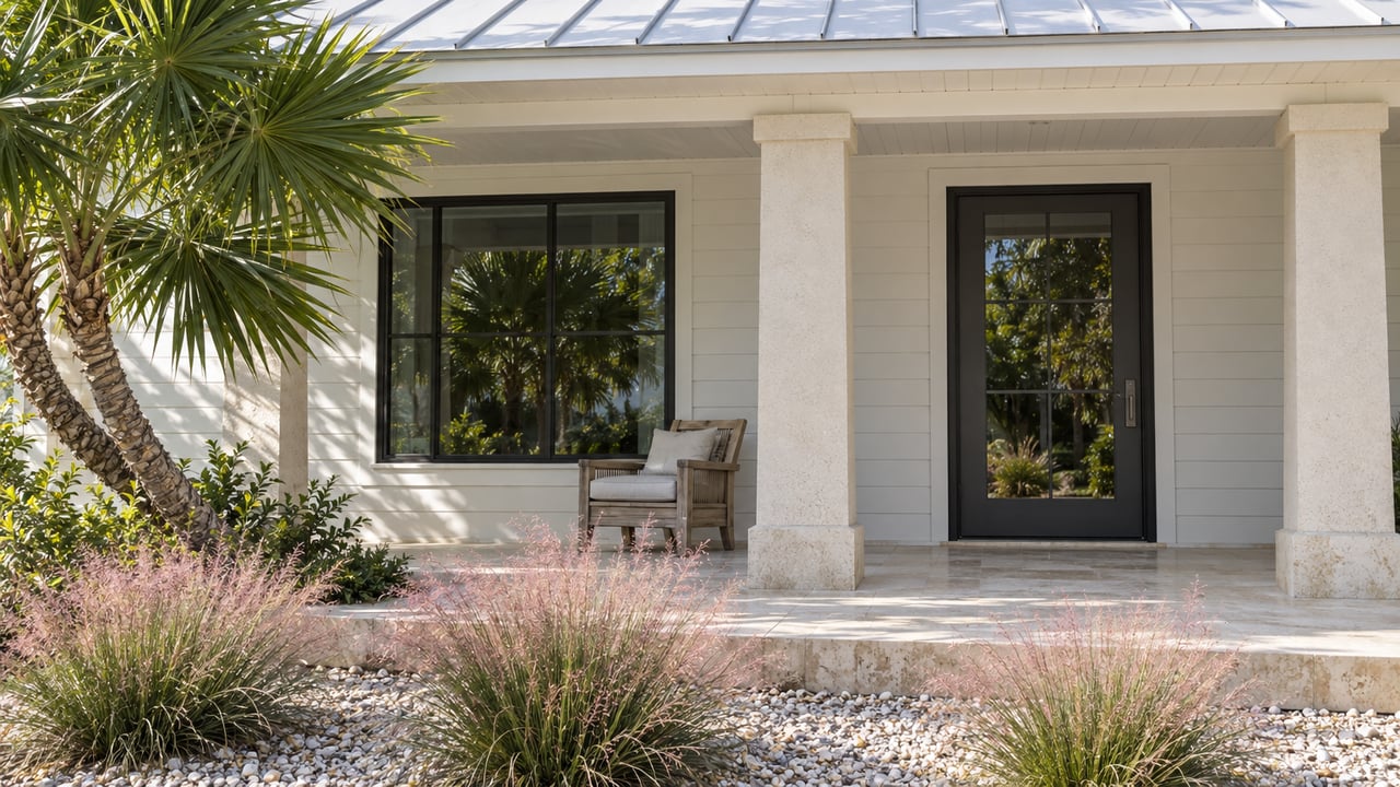 Covered home entry with pale siding, bronze-framed glazing, limestone paving, a teak chair and flowering pink muhly beside a specimen palm.