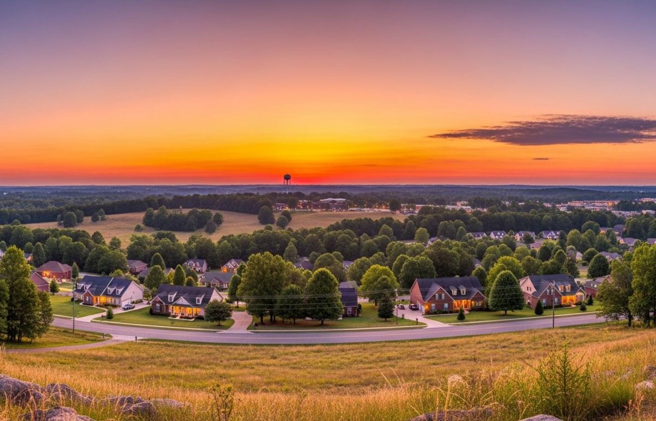 Neighborhood of detached homes beneath a vivid sunset, bordered by open fields.