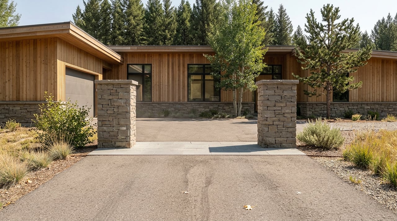 Two stacked-stone piers flank a paved drive leading to a cedar-clad estate beneath dense conifers.