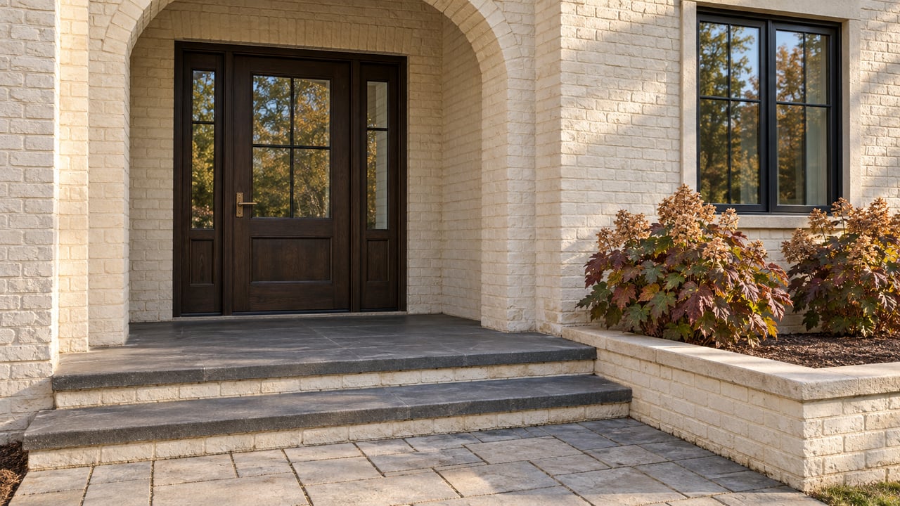 Ivory painted-brick home entry with an oak door, black-framed window, stone steps and oakleaf hydrangeas.