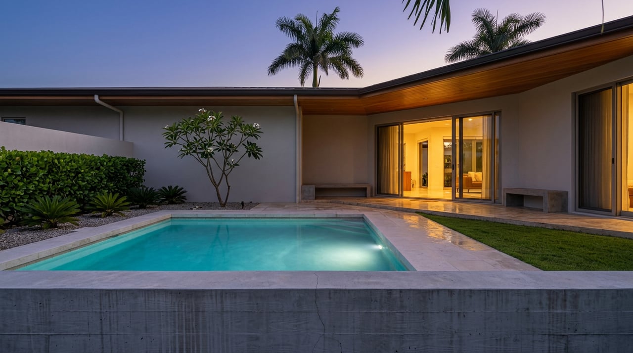 Elevated view across a turquoise-lit pool toward a teak-soffit lanai, open glass doors glowing beneath palms at dusk.