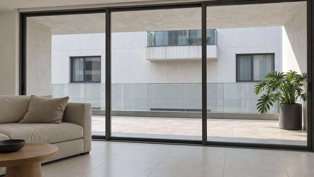 Sunlit condominium living room with linen seating, ivory tile, closed charcoal-framed sliders, and a covered limestone terrace.