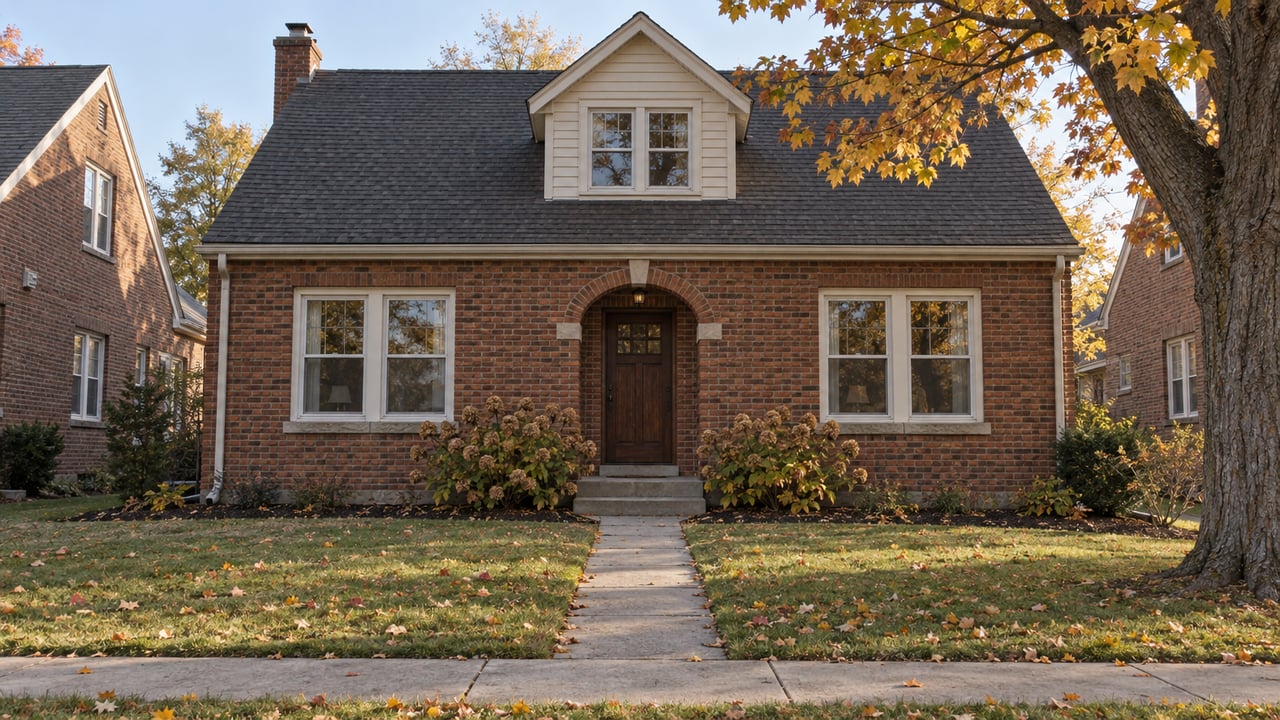 Brick bungalow with a dormer, amber sugar maple and a deep front lawn in late-afternoon autumn light.