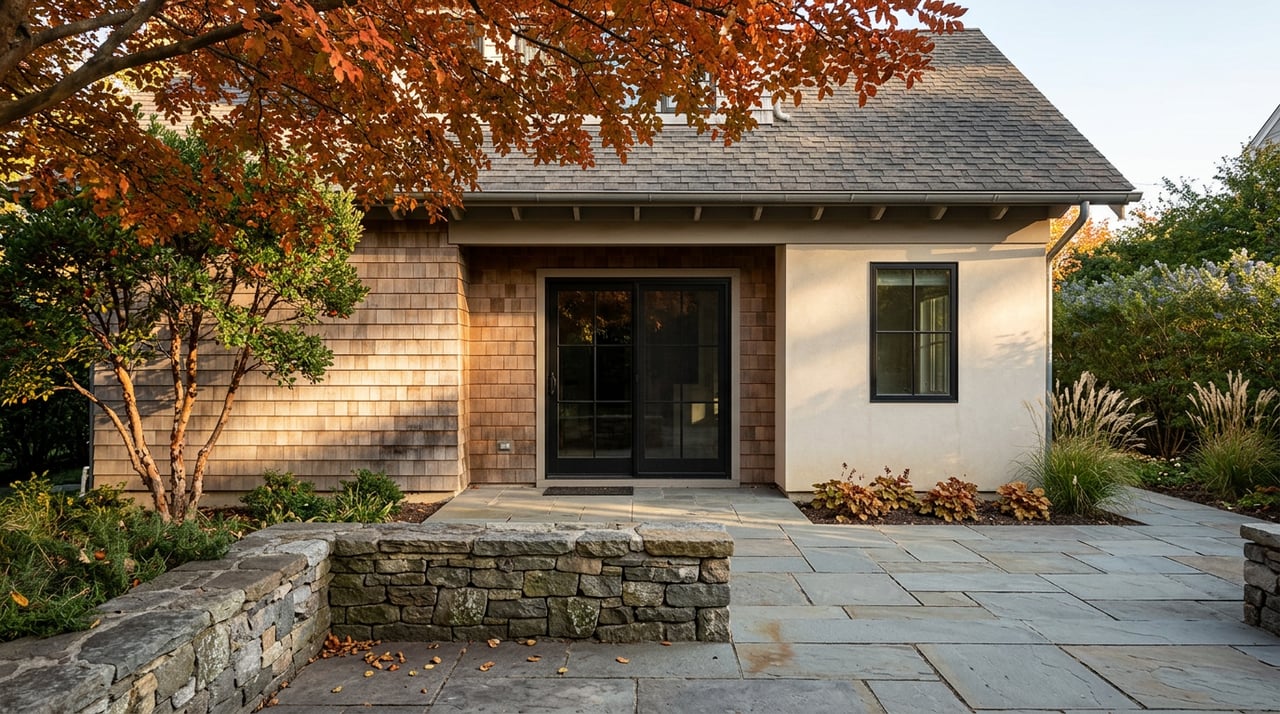 Bluestone terrace and cedar-and-stucco home beneath an orange-red autumn canopy.