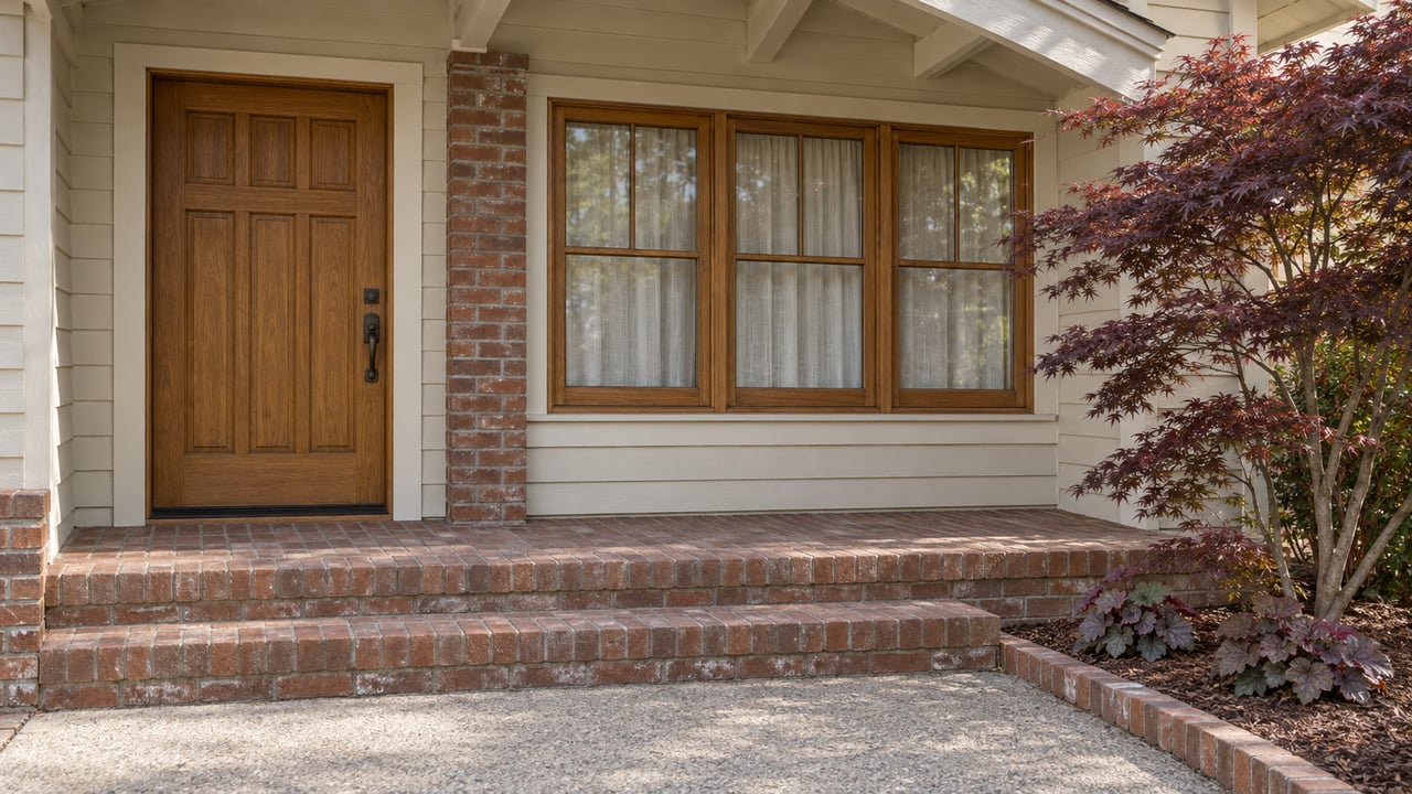 Close view of an oak front door and divided window on a cream-sided home, with brick porch steps and a burgundy-leaved Japanese maple.