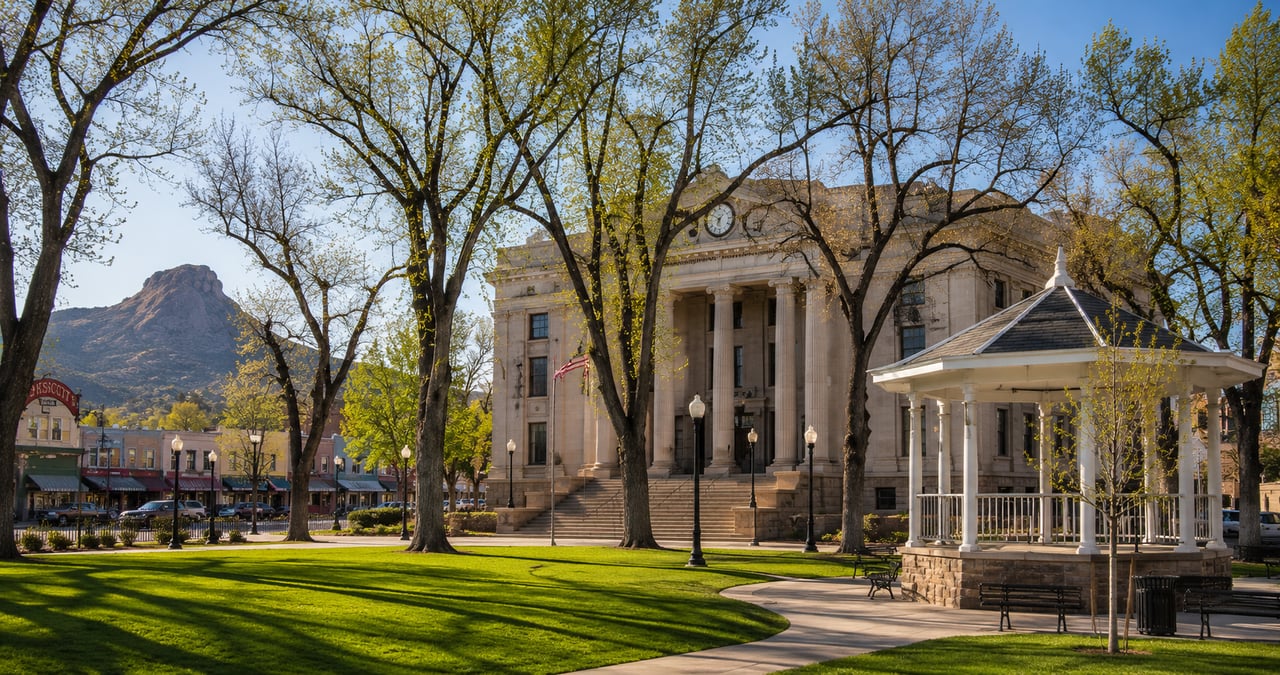 Prescott Courthouse Square with gazebo, historic downtown, and Granite Mountain in the background.