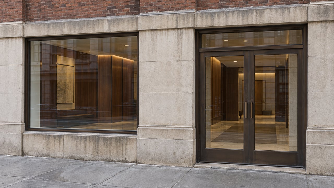 Bronze-framed glass entry and display window set in reddish-brown brick and limestone, with a paneled lobby visible inside.