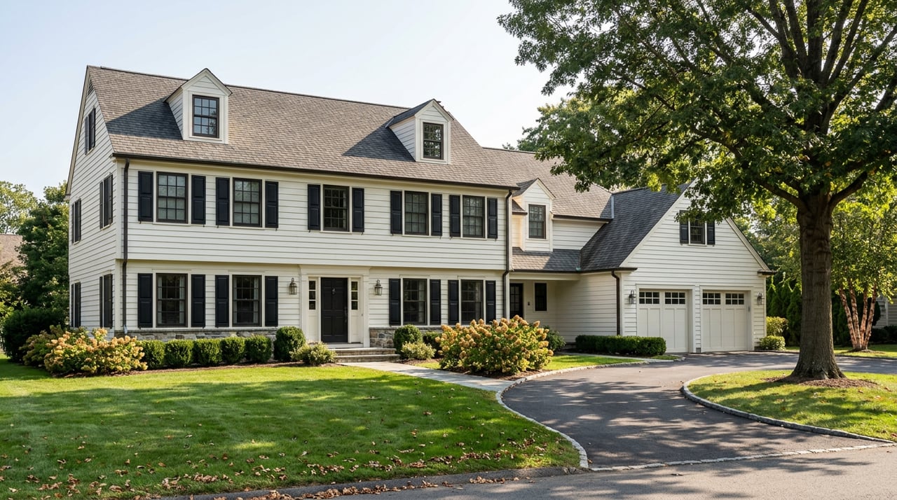 White two-story colonial with black shutters, a curved driveway, and a mature oak shading the front lawn.