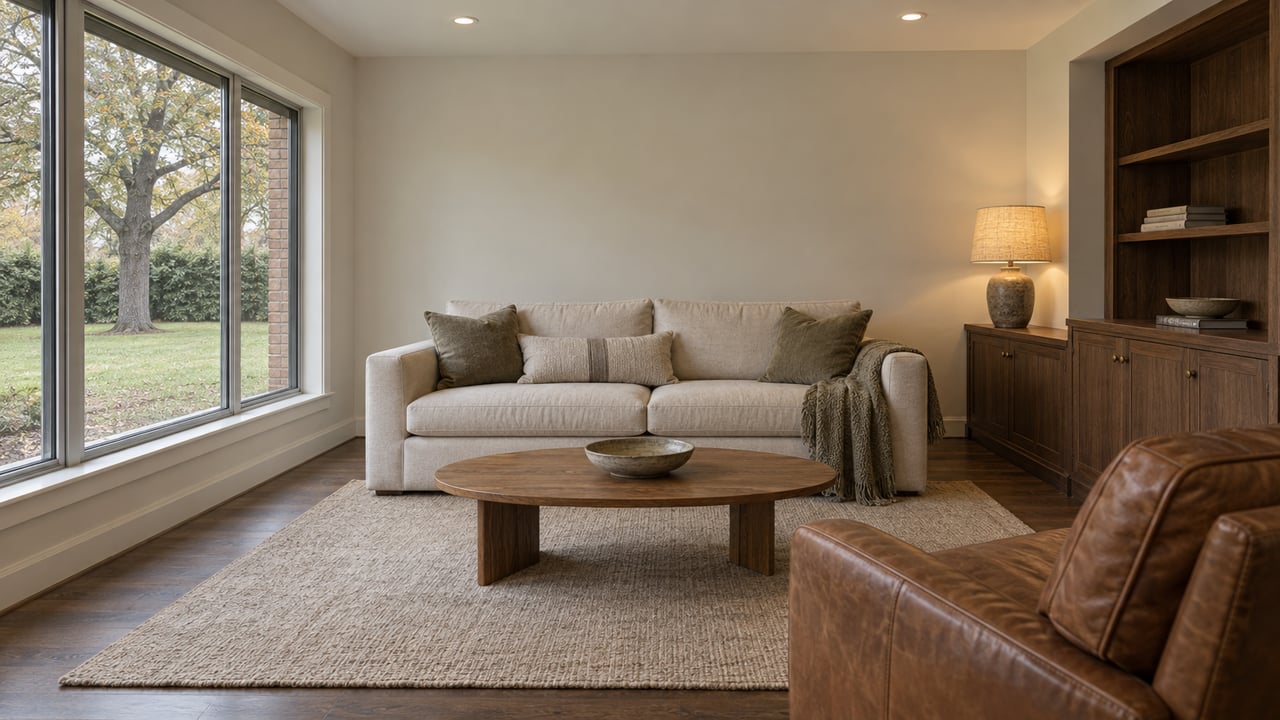 Updated living room with a cream sofa, walnut cabinetry, dark oak floors and a large window overlooking an established oak and lawn.