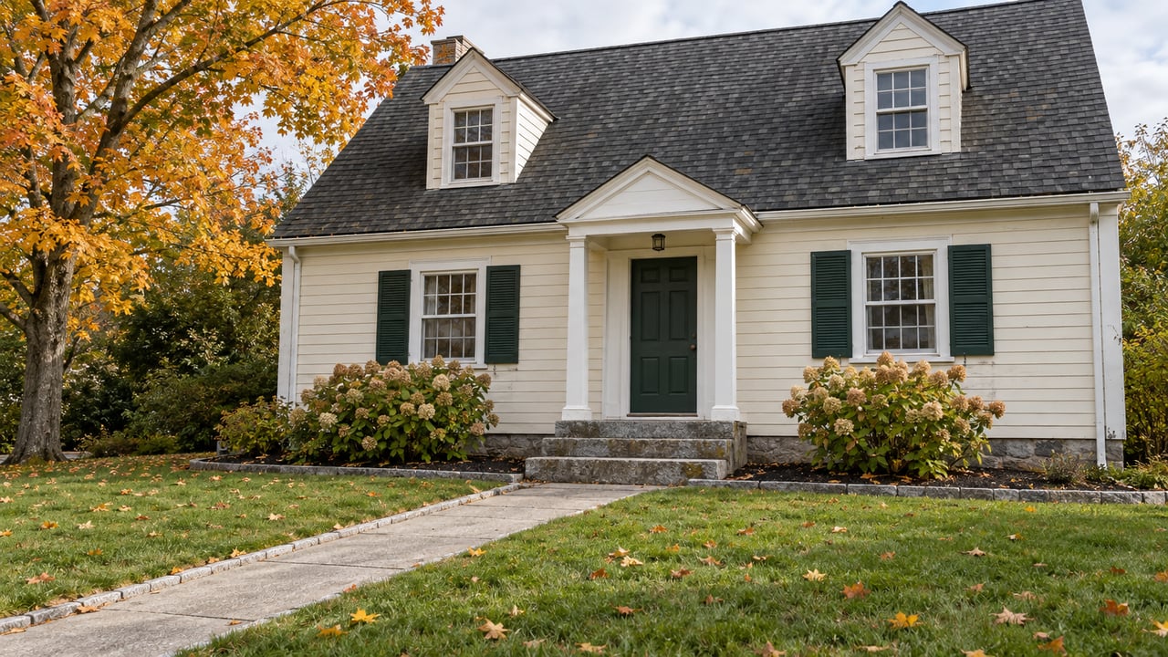 An ivory clapboard cape with a green front door, granite entry steps and a broad autumn lawn beneath a maple tree.
