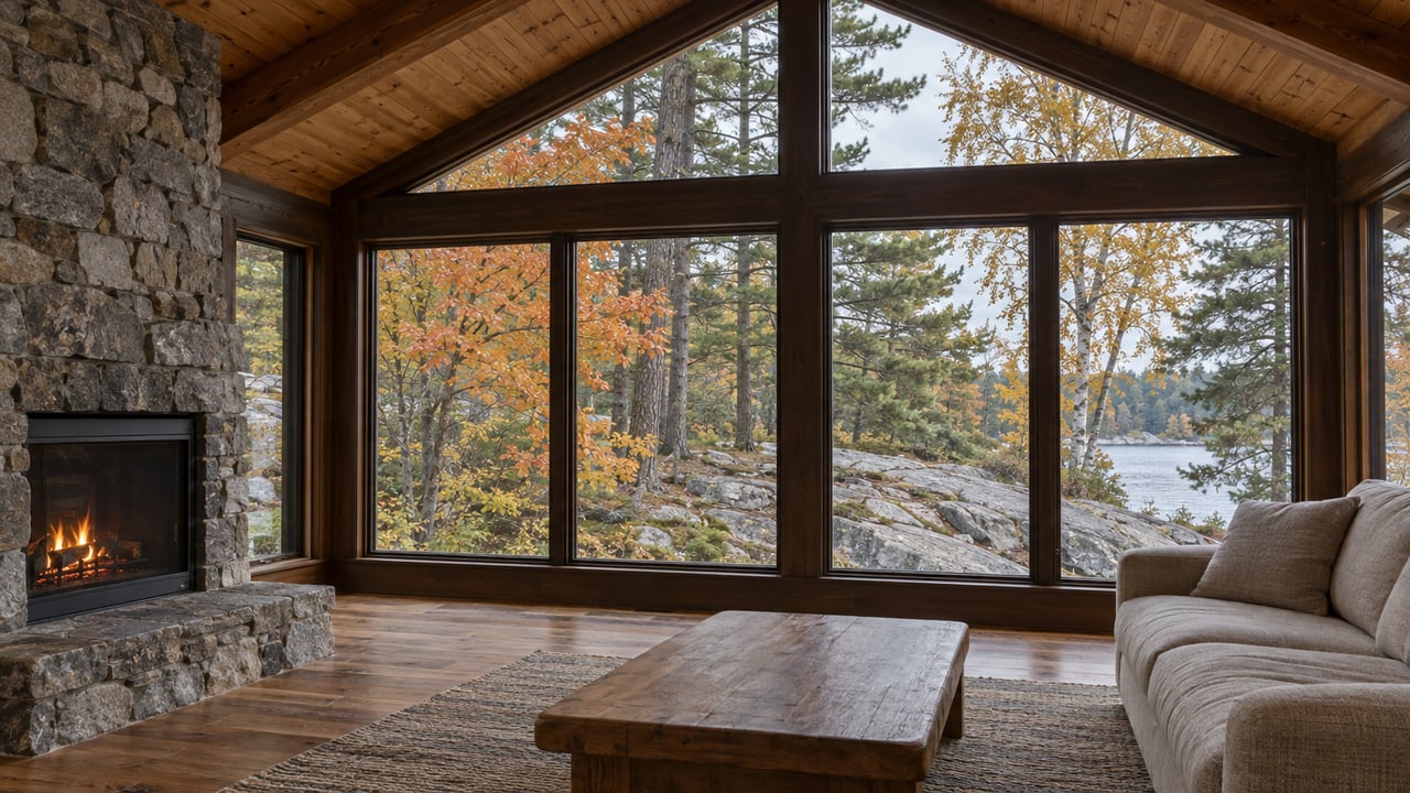 Timber-ceiling cottage sitting room with a granite fireplace, wool sofa and dark-framed windows overlooking autumn shoreline trees.