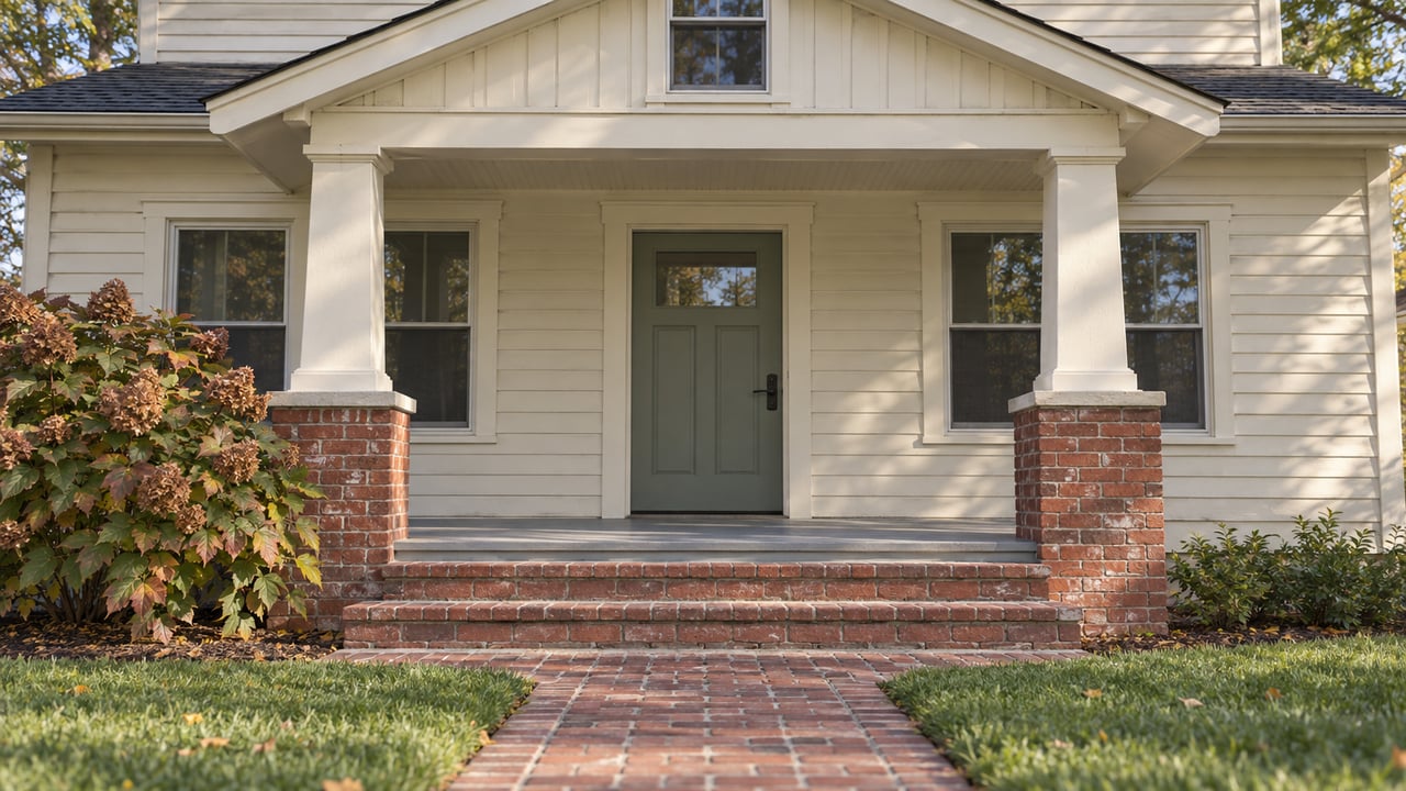 Cream clapboard home with a sage entry door, brick porch steps and oakleaf hydrangea in early autumn light.